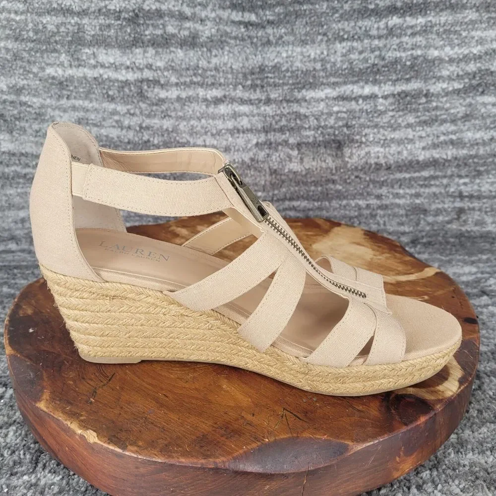 Lauren Ralph Lauren‎ Kelcie Espadrille Sandals Womens 11 Beige Canvas Open Toe